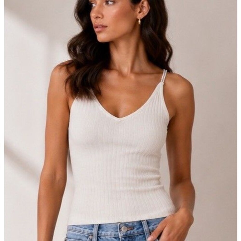 Y2K Belldini Ivory Knit Tank Women Sz S Sequin Straps Ribbed Knit Croquet EUC